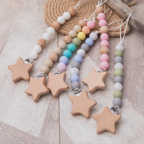 1pc Baby Pacifier Chain Star Wood Clips Dummy Pacifier Clips Silicone Beads Nursing Teething Gift for Newborn Baby Boy Girl