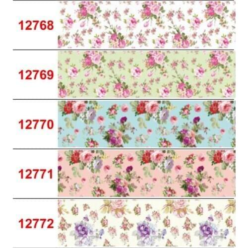 16mm-75mm Retro Flower Series Printed Grosgrain/Foe Ribbon Geometric Check Blue Flora DIY Party Decor Hair Bowknots 50yards/roll