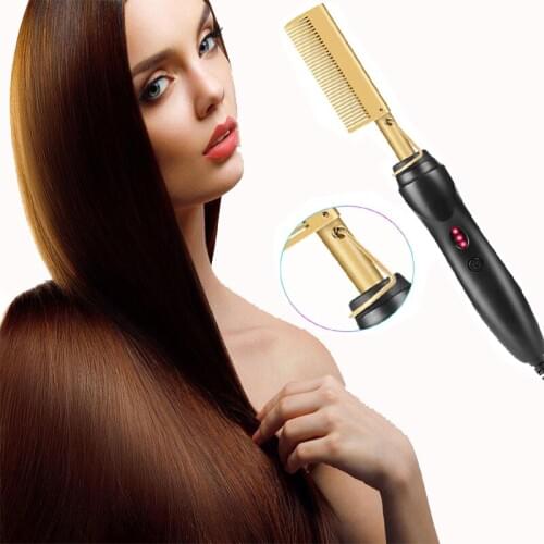 Rapid Heating 2 In 1 Straightening Curling Style Temperature Adjustable Titanium Alloy Copper Color Comb Hair Brush Kit