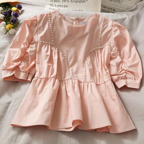 2021 Summer Women Blouses Vintage Solid Short Sleeve Chiffon O-neck Elegant Beach Streetwear Chic Pink Shirt Short Tops