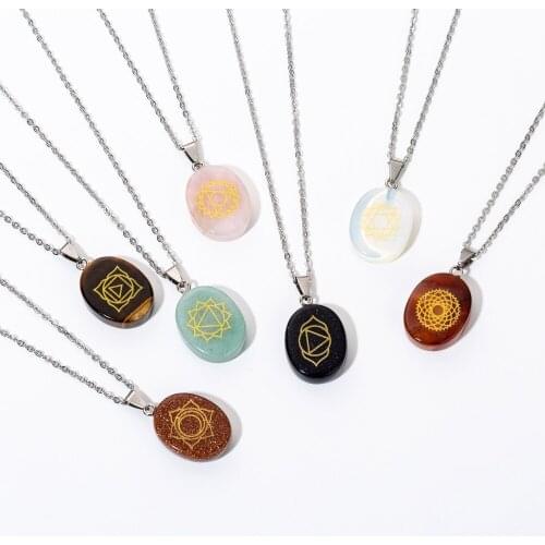 7 Chakras Symbol Natural Stones Pendant Necklace Reiki Healing Balance Meditation Yoga Steel Link Chain Necklace drop shipping