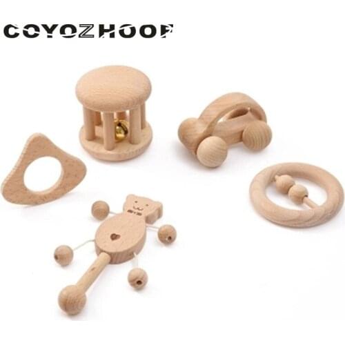 Montessori Baby Set 1-5Pc Organic Wood Best Shower Gifts For Kids Motor Development Set Inspired Toy For Baby Decor Room