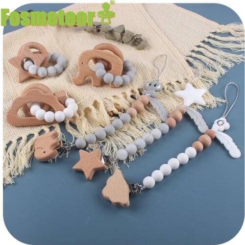 Fosmeteor New Baby Pacifier Clip Chain Nipples Children Pacifier Clips Pacifier Teether Teething Toy Cartoon Wooden Bracket