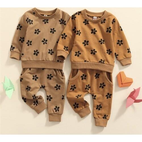 2021 0-3Y Casual Kids Baby Girl Brown Clothing Set Floral Print Long Sleeve Round Neck Sweatshirt+Harem Pants Spring Autumn 2pcs