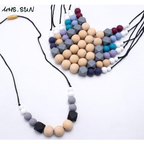 MHS.SUN Fashion Baby Mommy Teething Necklace Silicone Beads Wooden Beads DIY Jewelry Handmade Nursing Necklace Chewable BPA Free