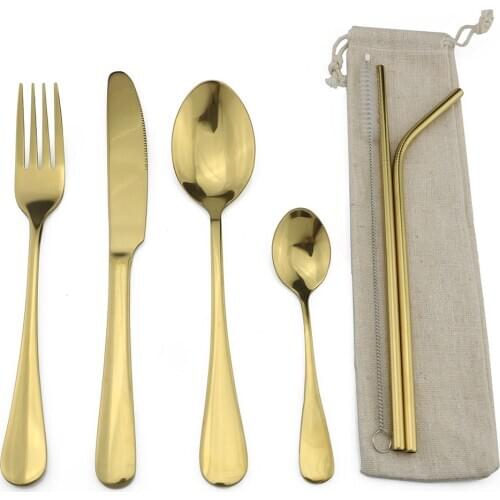 Chic Golden Stainless Steel Cutlery Set Dinnerware Dinner Set Bag Steak Knives Forks Coffee Teaspoon Gold Silverware Set 1 pcs