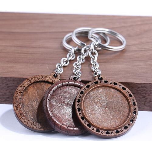 Onwear 5pcs Stainless Steel wood Cabochon keychain base settings 30mm dia Blank wooden cameo bezel trays diy key chain making