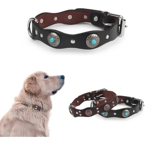 Retro Genuine Leather Dog Collar Personalized Ethnic Pet Necklace With Flower Pattern Green Red Bead Basic Collar For Big Dogs