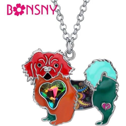 Bonsny Enamel Alloy Rhinestone Shih Tzu Dog Necklace Pendant Chain Choker Fashion Animal Pets Jewelry For Women Girls Decoration