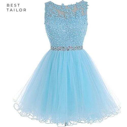 Shot Sky Blue Prom Dresses 2021 Tulle Beads Waist Appliques Scoop Homecoming Graduation Gowns Ball Gown vestido de fiesta largos