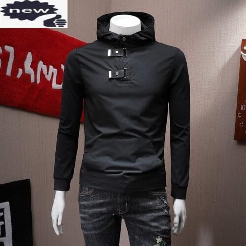 Slim Pullover Mens Spring Autumn Tooling Outerwear Short Hooded O-Neck Button Side Pocket Black Waterproof Streetwear Jacket