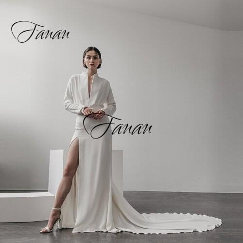 Simple V-Neck Long Sleeve Evening Dress Backless Side High Slit Bridal Gown robe de soirée de mariage платье vestidos de fiesta