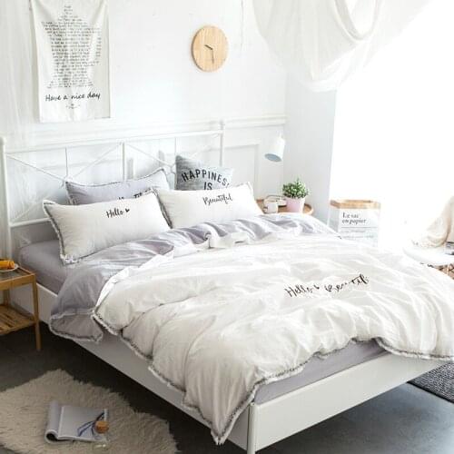 Simple Bedding Set Embroidery Washed Cotton Duvet Cover 4-piece Set of Tassel Lace American Solid Color Princess Style Bedding