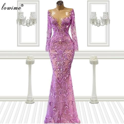 Plus Size Long Sleeves Evening Dresses Fuchsia Beads Evening Gowns For Women 2021 Illusion Prom Party Dresses Suknie Wieczorowe