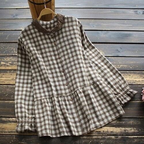 Cotton Linen Plaid Women Shirts Autumn Vintage Turn-Down Collar Loose Casual Female Outwear Coats Tops Oversized 5XL