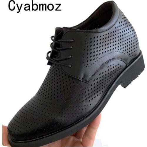 Men Summer Height Increasing 9 CM Dress Leather Shoes Breathable Hollow Invisible Heel Casual Shoes Hole Business Sandals Man