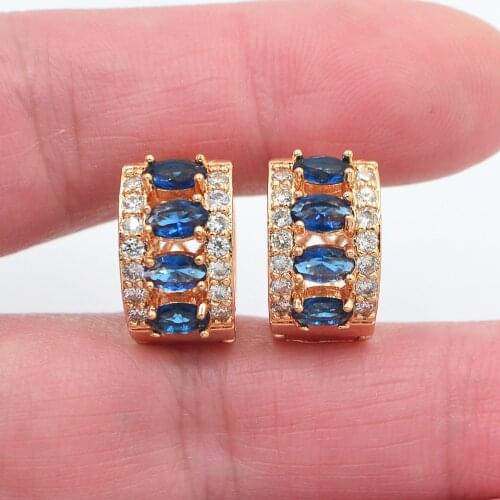 Gold Color Women Blue Cubic Zirconia CZ Huggie Hoop Earrings Jewelry