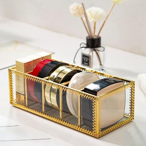 European-style Glass Compact Eye Shadow Storage Box Brass Desktop Dressing Table Lipstick Cosmetics Separation Finishing Box