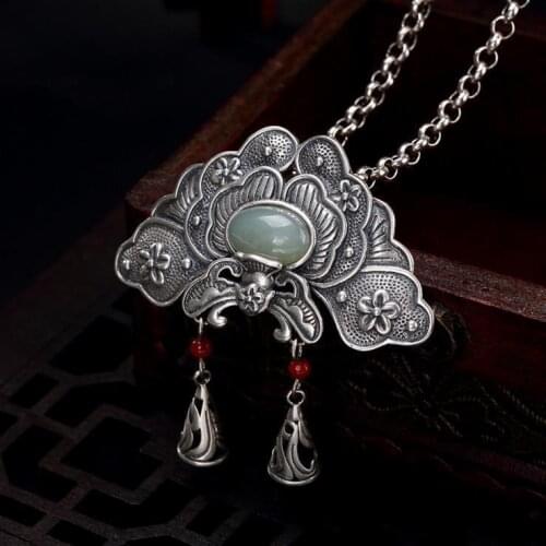 Vintage S925 Silver Hetian Jade South Red Inlaid Pendant Peony Flower Silver Style for Women Pendant Sweater Chain Long Pendant