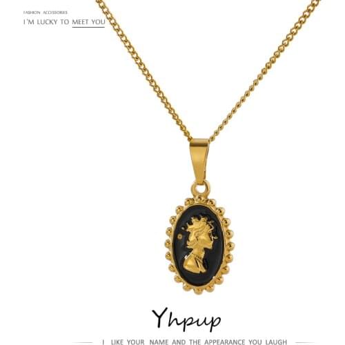 Yhpup Statement Round Enamel Portrait Pendant Necklace for Women Stainless Steel 18 K Metal Chain Collar Necklace Jewelry 2021