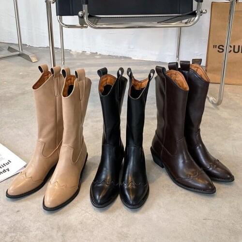 2021 INS Retro Boots Women Shoes Autumn Winter PU Leather Boots Slip On Pointed Toe 5cm High Heels Ladies Shoes