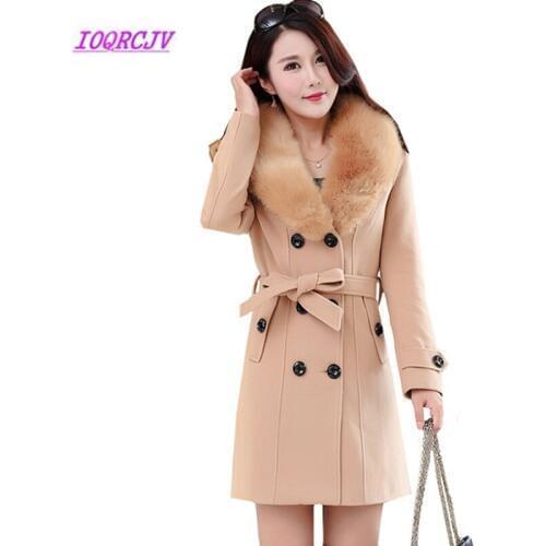 Womens woolen coats Autumn Winter Fur collar Woolen cloth Outerwear Plus size Slim Belt Medium length Woolen Jacket Coats B091