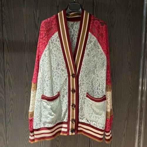 High Quality Womens Top Fashion Runway Patchwork Pocket Button Lace Cardigan Loose Large Size 2021 Autumn Leisure vacation