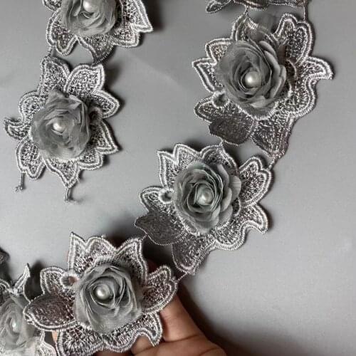 1 Yard Gray 7 X 6.5cm Rose Pearl Beaded Embroidered Flower Lace Ribbon Trim Floral Applique Patches Fabric Sewing Craft Vintage