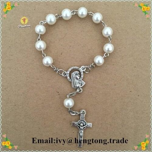 Freeship 6mm white glass beads rosary bracelet,religious catholic bracelet with Virgin Mary centerpiece and alloy cross