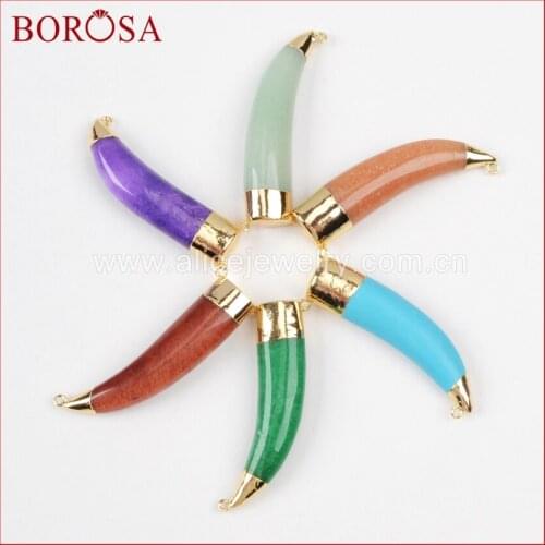 BOROSA 10pcs Druzy Jewelry Gold Color Multi-Kind Stone Horn Connector Double Bails G1057