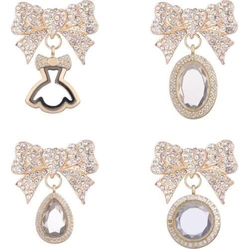 5pcs/lot Women Party Gift Jewelry Golden Heart bownot Rhinestone Brooches with Glass Living Memory Lockets Fit Floating Charms