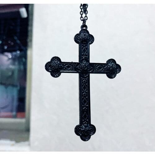 1Pcs Large Cross Jewelry Pendant Black Color Chain Exquisite Flower Pattern Decor Cross Big Charms Necklace