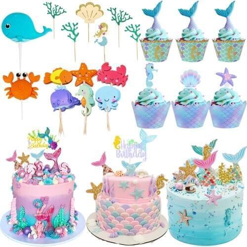 Cyuan Happy Birthday Cake Topper Mermaid Party Cupcake Toppers Kids Birthday Party Babyshower Girls Cake Decoration Supplies