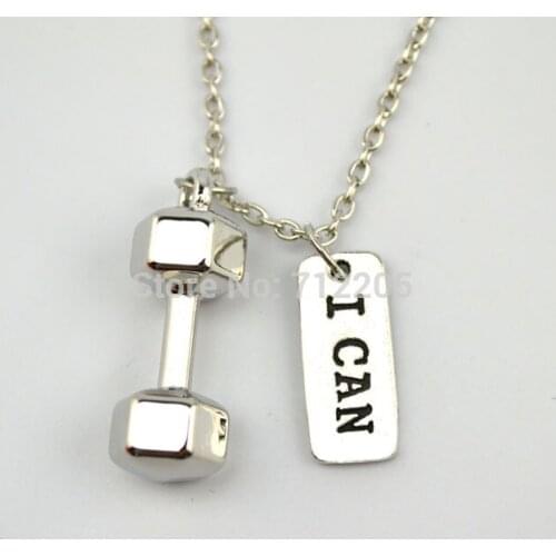 Dumbbell barbell with I Can chain necklace Fitness weightlifting Gym necklace (A1185)