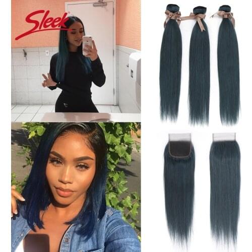 Sleek Brazilian Straight Bundles With Closure Dark Blue Color Remy Human Hair Bunldes With Closure For Black Women