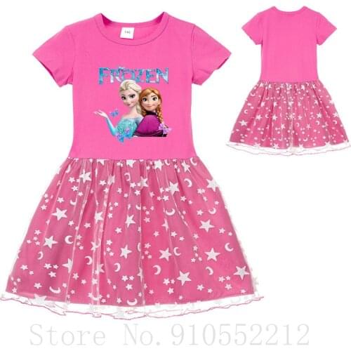 Hot Sale New Summer Girl Dress Elsa Anna Print Pink Baby Girl Dress Children Clothing Frozen Elsa Children Dress 1-12years