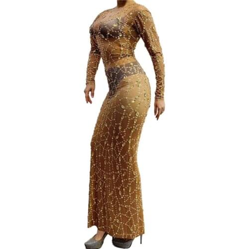 Sparkly Rhinestones Nude Long Dress Sexy Nightclub Long Big Tail Dress Women Flashing Silver Transparent Birthday Celebrate Dres