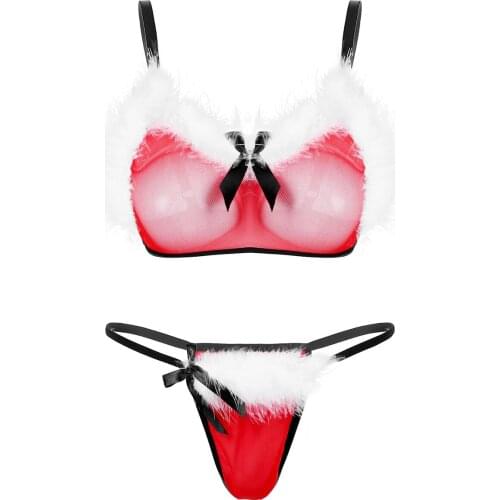 Red Womens Sheer Lace Christmas Lingerie Set Adjustable Spaghetti Shoulder Straps White Feather Bra Top with G-string Briefs