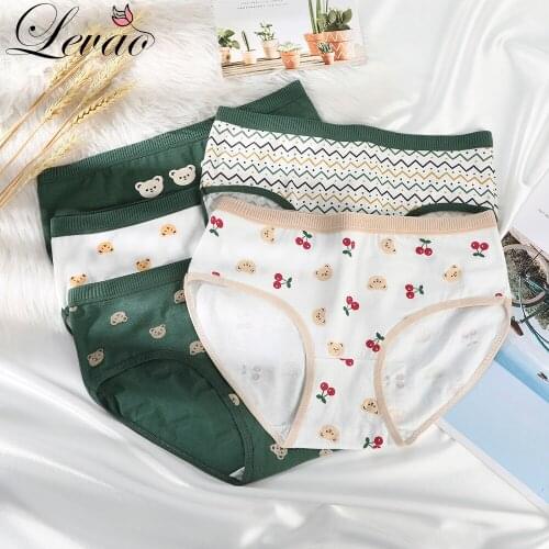 LEVAO Ladies Underwear Lingerie Women Cotton Cute Bear Print Underpants Plus Size Lace Foot Seamless Mid-Waist Girl Briefs