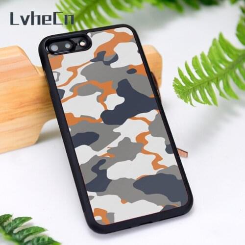 LvheCn Silicone Rubber Phone Case Cover for iPhone 6 6S 7 8 Plus X XS XR 11 12 Mini Pro Max Grey And Orange Camouflage