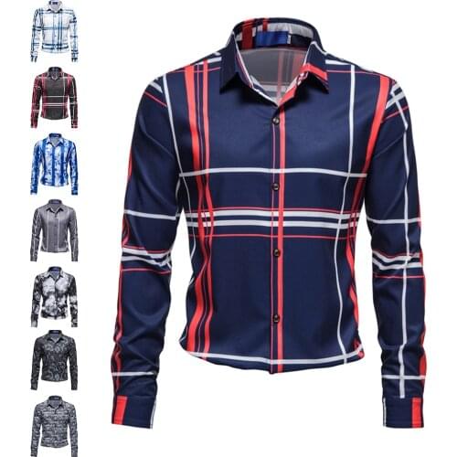 Fashion Cool Mens Flower Printing Long-sleeved Shirt Business Casual Shirt Nightclub Party Shirt EU Size S-2XL
