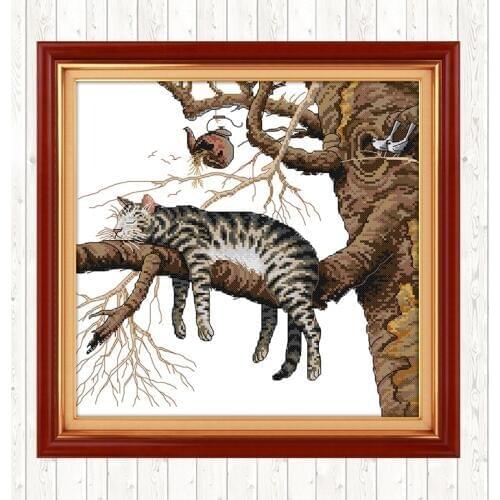 A Lazy Cat DIY Crafts Cross Stitch Package Needlework Embroidery Patterns 14ct 11ct Count Print Canvas Home Decor Embroidery Kit