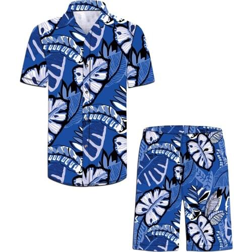New short sleeve shirts+shorts 3d polyester printing casual hawaiian Blue Leaves shirts for men