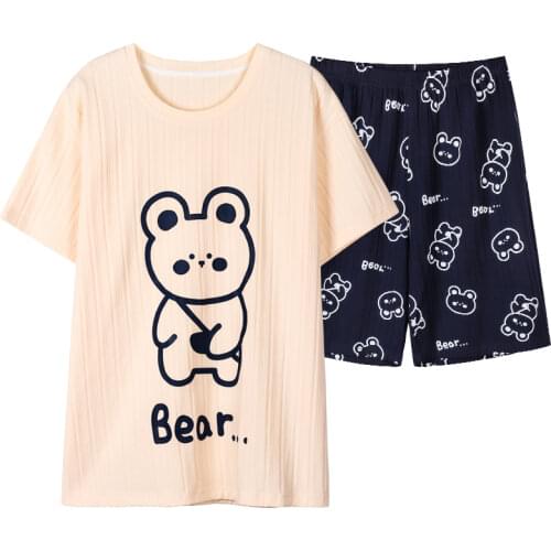 Sleep Wear Mens Lounge Wear Texture Fabric Cotton Pajama Men Nightwear Cute Bear Printing Summer Shorts Pajamas for Young Man