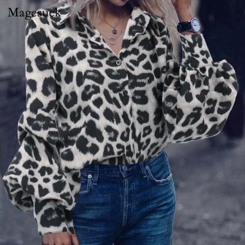 Autumn Plus Size 5XL Button Polo Collar Retro Shirt Loose Thin Leopard Print Long-sleeve Blouse Fashion Brown Stitch Shirt 17166