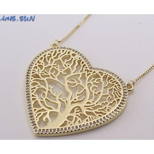 MHS.SUN Tree of Life Zircon Pendant Necklace Gold Color Chain Collier Heart Necklace For Women Jewelry Valentines Day Gifts
