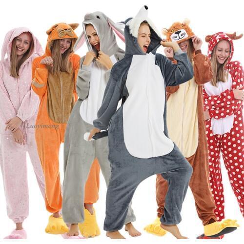 New Unicorn Pajamas Women Animal Onesie Women Kigurumi Stitch Adults Hooded Sleepwear Winter Nightie Wolf Lion Unicornio Pijamas