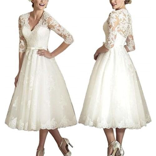 Vestidos de novia de encaje corto, longitud de , manga larga, V, con cuello vestidos de novia, apliques de encaje, vestido de