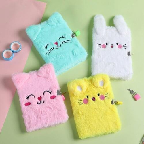 Furry Cartoon Cat Notebook with Lock Girl Personal Diary Line Paper Organizer Kawaii DIY Handbook School Stationery