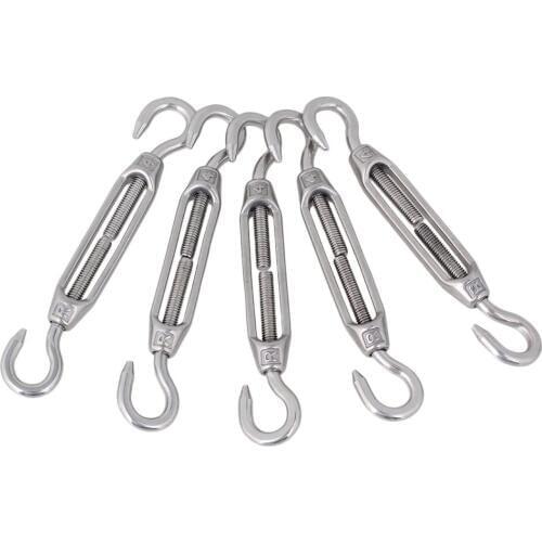 Silver 304 Stainless Steel European Style Hook & Hook M4 Turnbuckles Wire Rope Tensioners Pack of 5